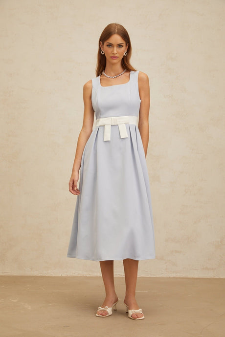 Luciana Midi Dress - Square Neck - Sleeveless - Bow Embellishment - Shirred Effect - Rear Zip Fastening