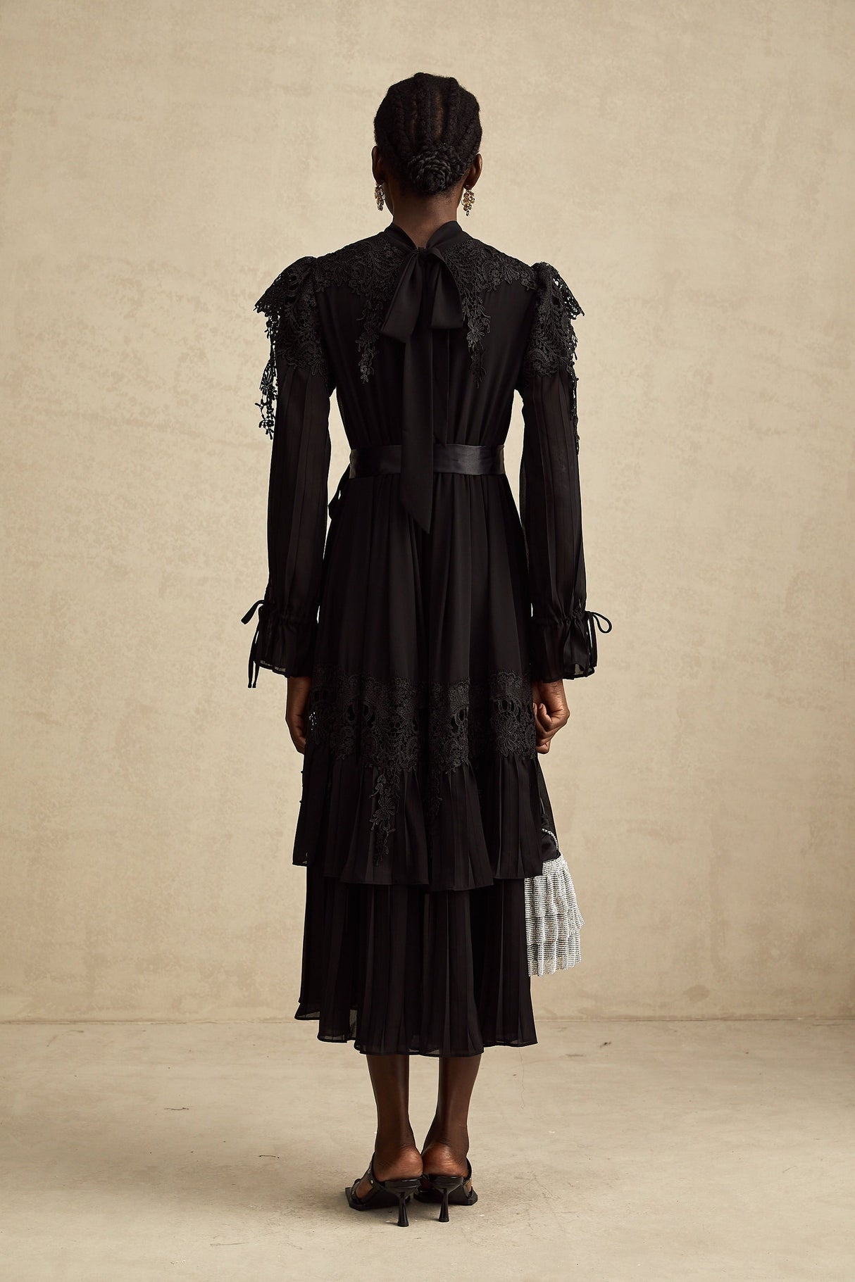 Lucie black guipurelace ruffled midi dress