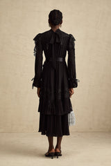 Lucie black guipurelace ruffled midi dress