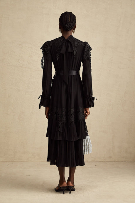 Lucie black guipurelace ruffled midi dress