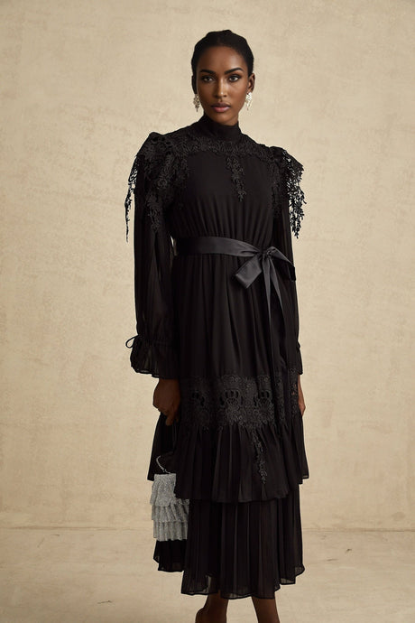 Lucie black guipurelace ruffled midi dress
