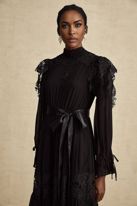 Lucie black guipurelace ruffled midi dress