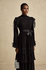 Lucie black guipurelace ruffled midi dress