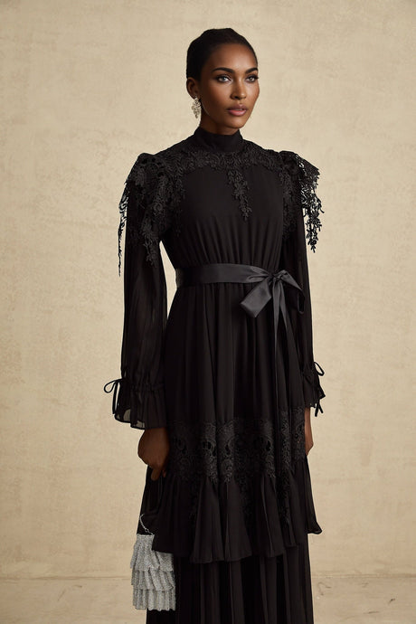 Lucie black guipurelace ruffled midi dress