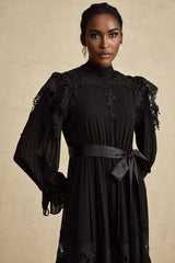 Lucie black guipurelace ruffled midi dress