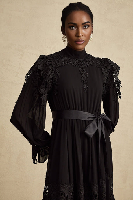 Lucie black guipurelace ruffled midi dress