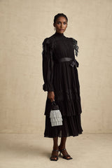 Lucie black guipurelace ruffled midi dress