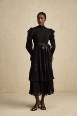 Lucie black guipurelace ruffled midi dress
