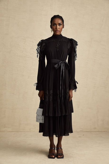 Lucie black guipurelace ruffled midi dress