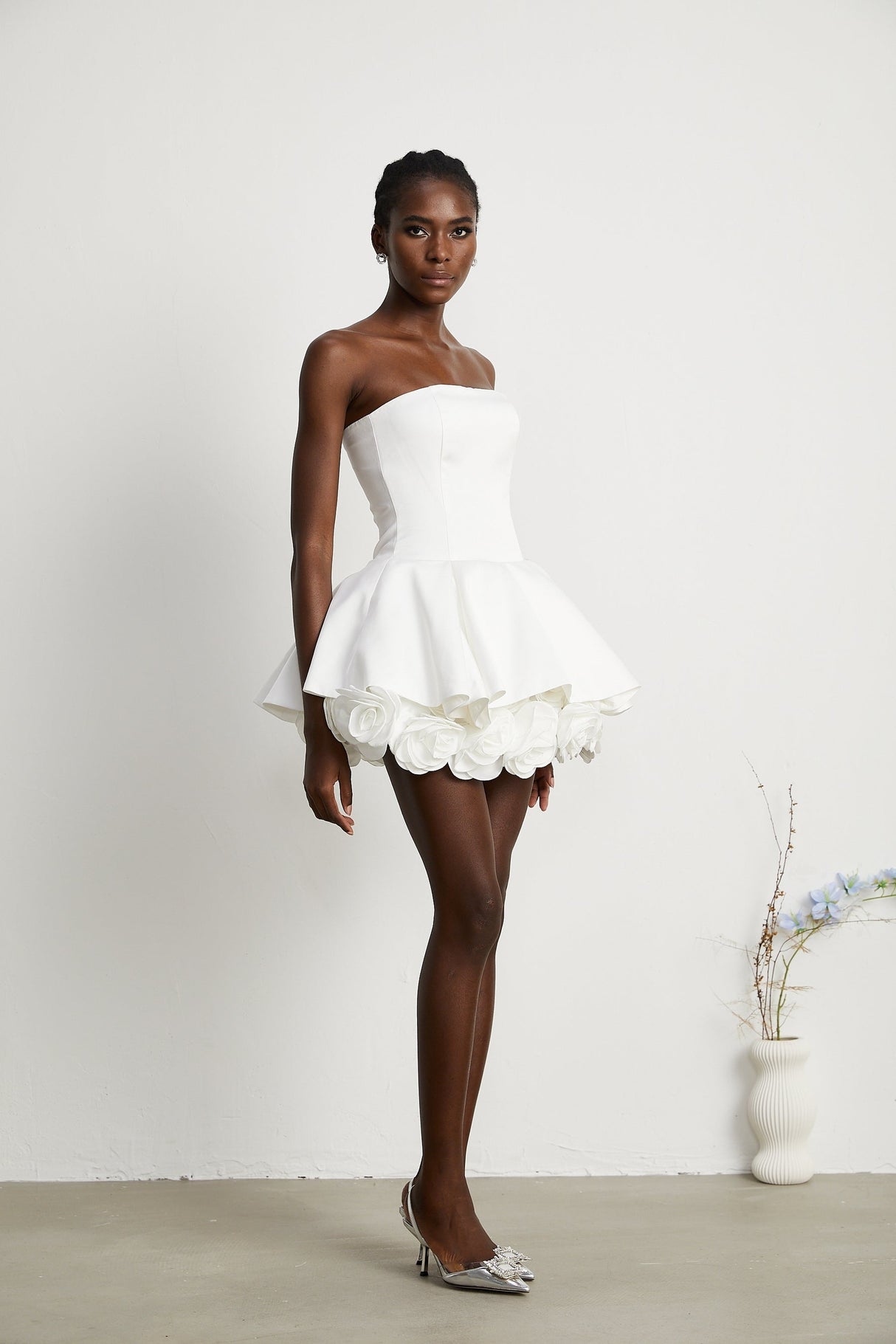 Lucie white petallayered strapless corset mini dress