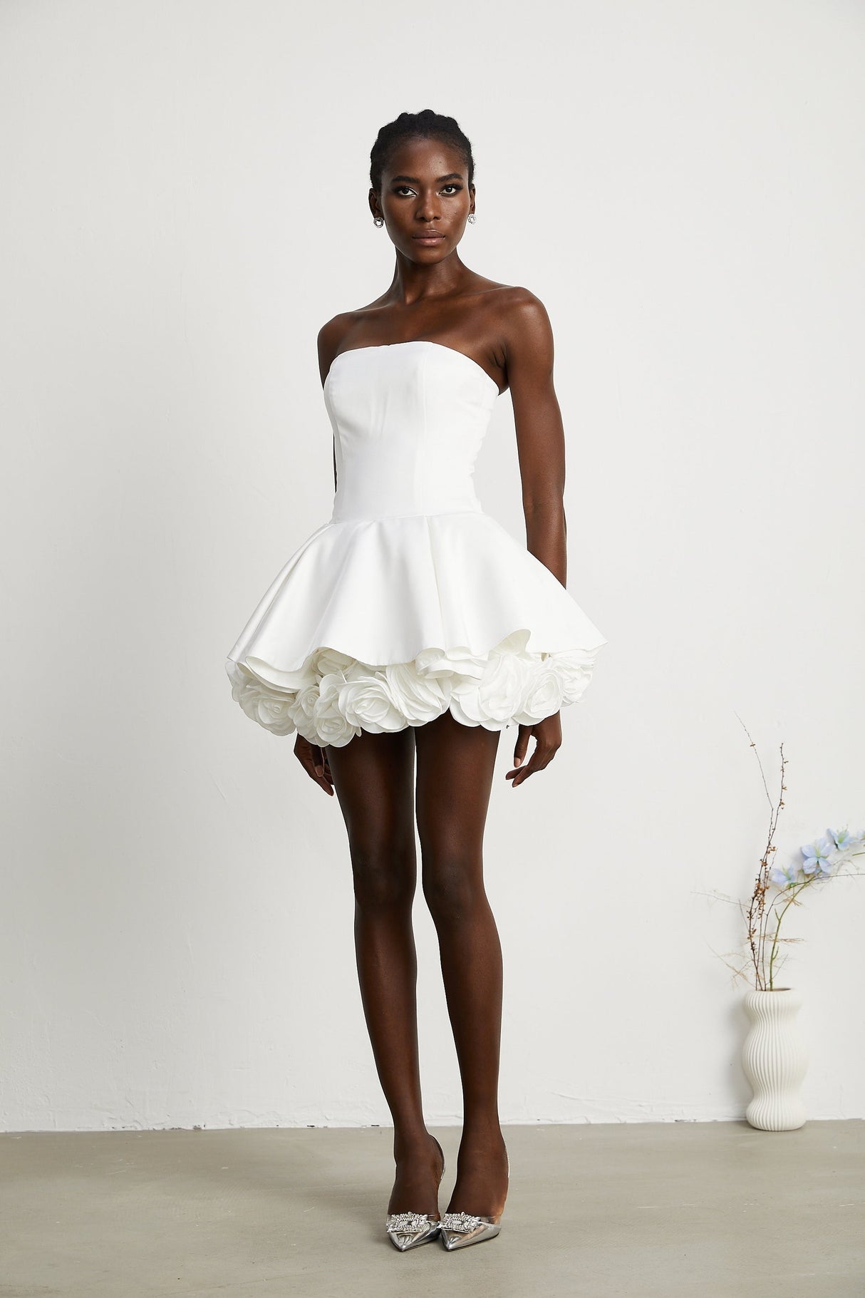 Lucie white petallayered strapless corset mini dress