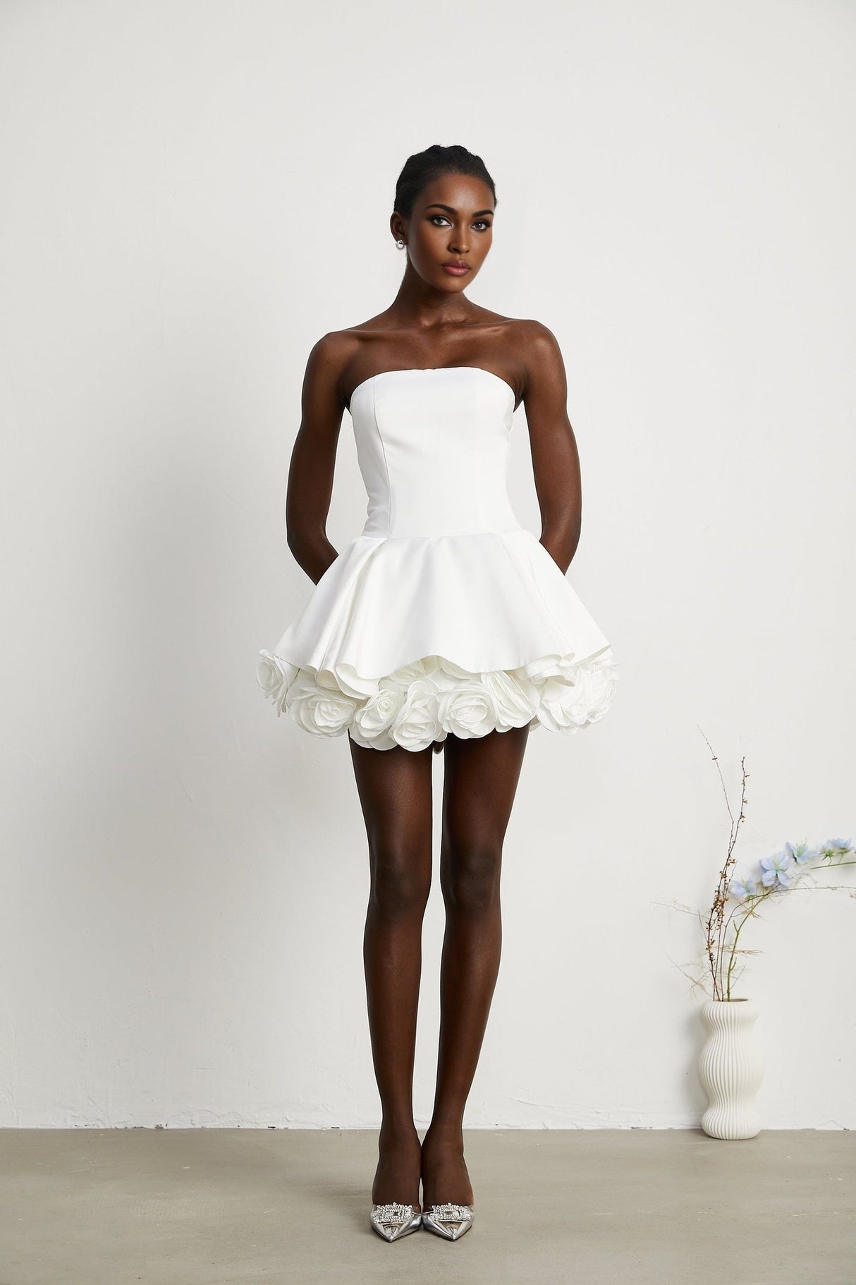 Lucie White Strapless Mini Dress With 3D Floral Hem