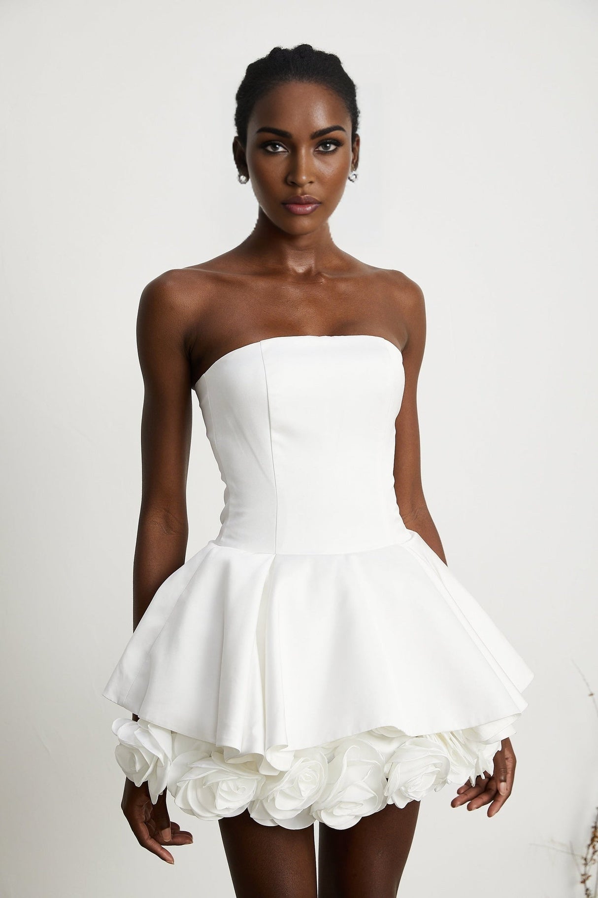 Lucie White Strapless Mini Dress With 3D Floral Hem