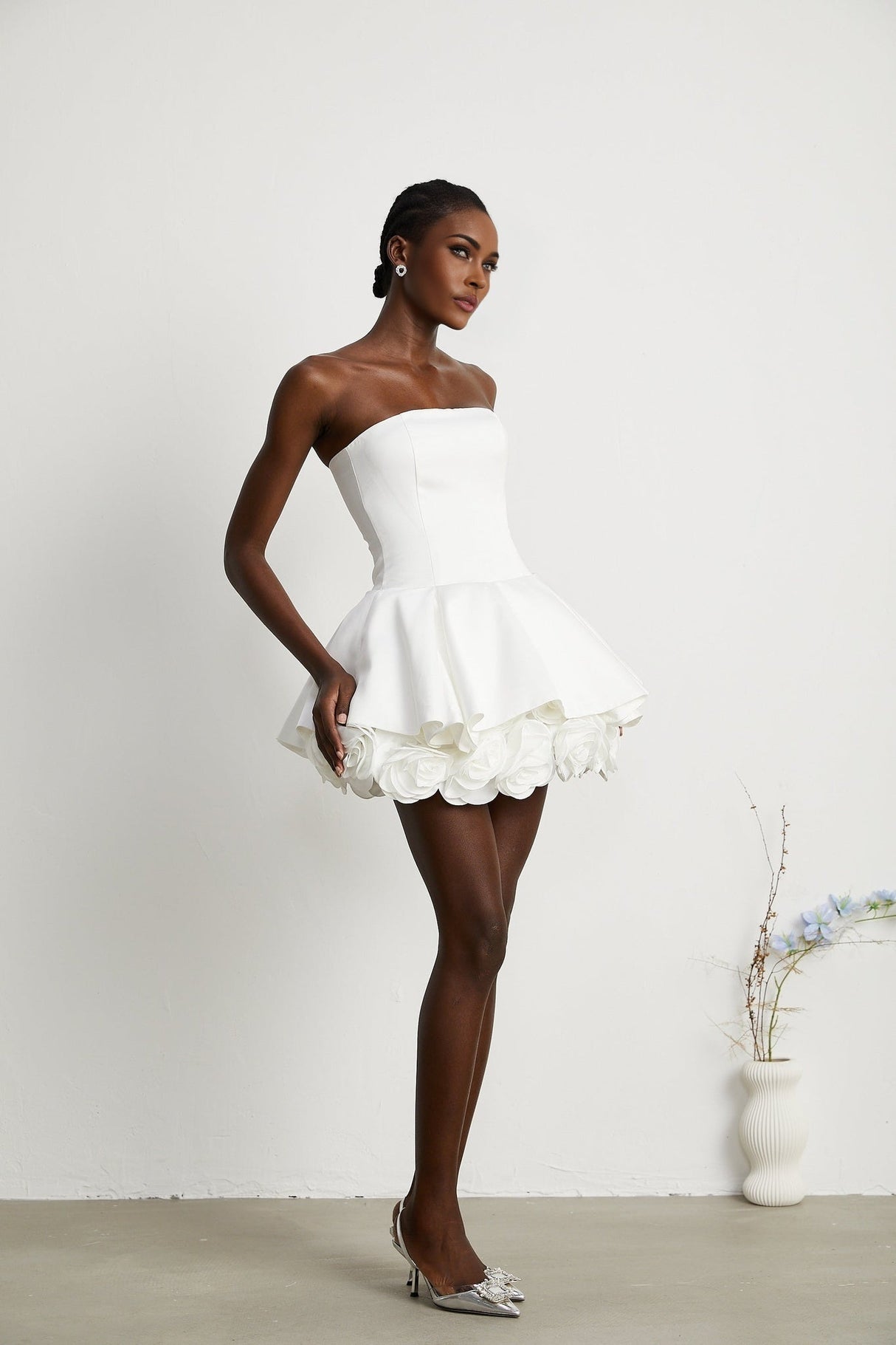 Lucie White Strapless Mini Dress With 3D Floral Hem