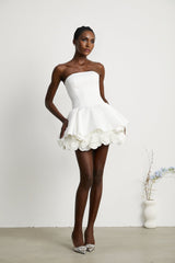 Lucie White Strapless Mini Dress With 3D Floral Hem