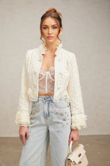 Lucille Jacket White Beaded Ruffle Cropped & Embellished