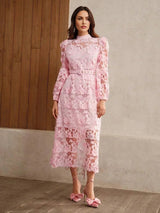Lucille Midi Dress - Stand Collar - Bishop Sleeve - Asymmetrical Hem - High Waist - Elegant Style