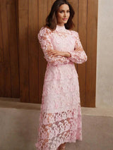 Lucille Midi Dress - Stand Collar - Bishop Sleeve - Asymmetrical Hem - High Waist - Elegant Style