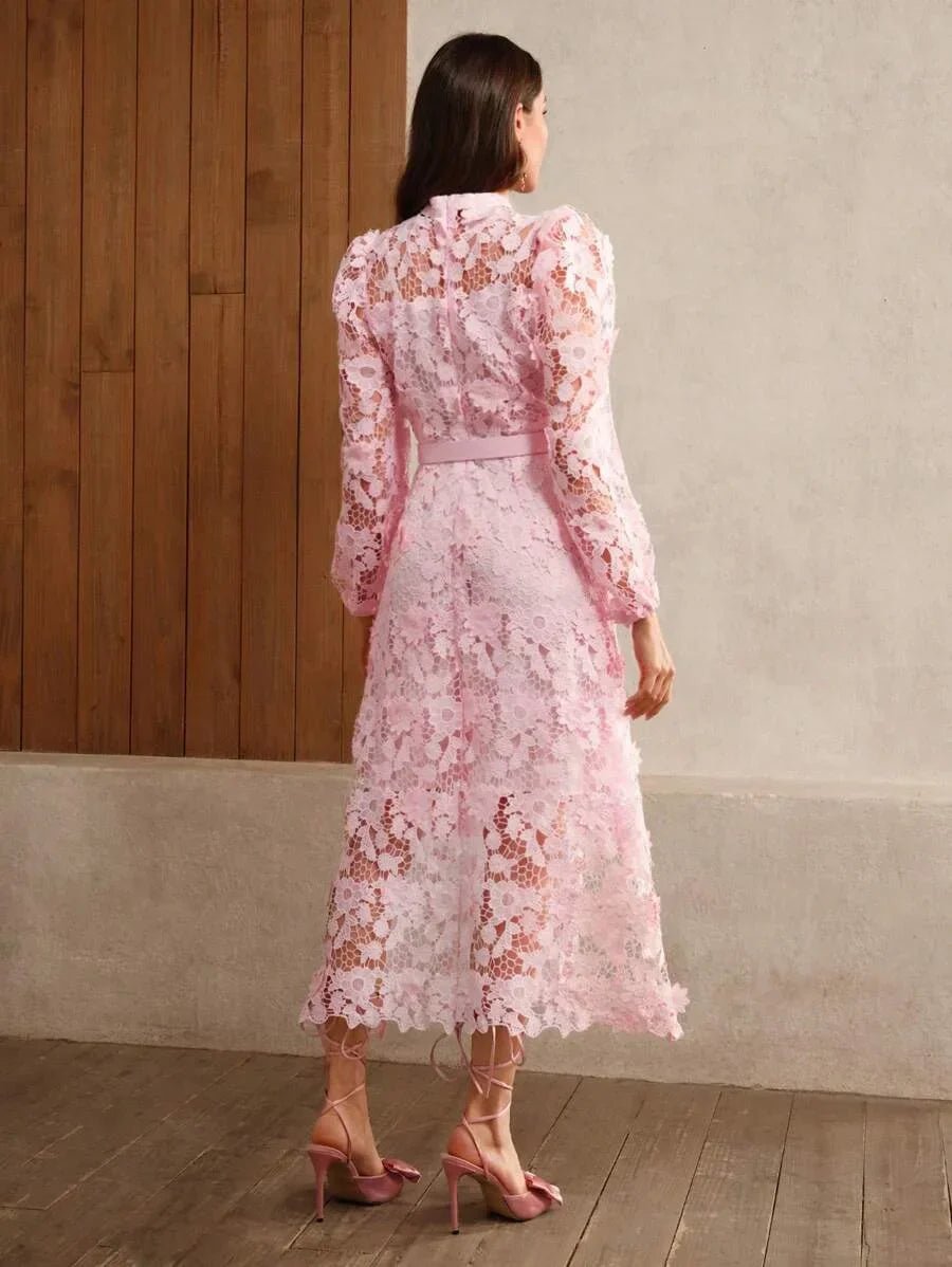 Lucille Midi Dress - Stand Collar - Bishop Sleeve - Asymmetrical Hem - High Waist - Elegant Style