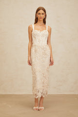 Lucille Midi Dress - Sweetheart Neckline - Boned Bodice - Cinched Waist - Corset Style - Rear Slit