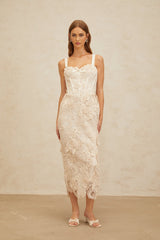 Lucille Midi Dress - Sweetheart Neckline - Boned Bodice - Cinched Waist - Corset Style - Rear Slit