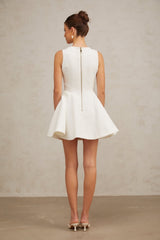 Lucille Mini Dress White VNeck Gold Button ALine Hem