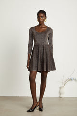 Lucrezia Mini Dress Barley Brown Ribbed Metallic Flare Hem