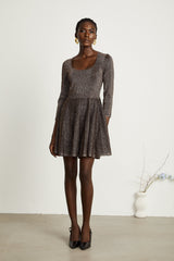 Lucrezia Mini Dress Barley Brown Ribbed Metallic Flare Hem