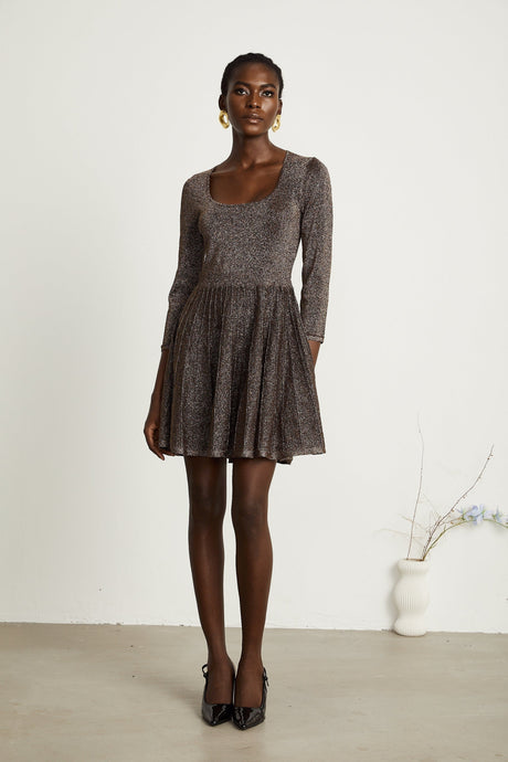 Lucrezia Mini Dress Barley Brown Ribbed Metallic Flare Hem