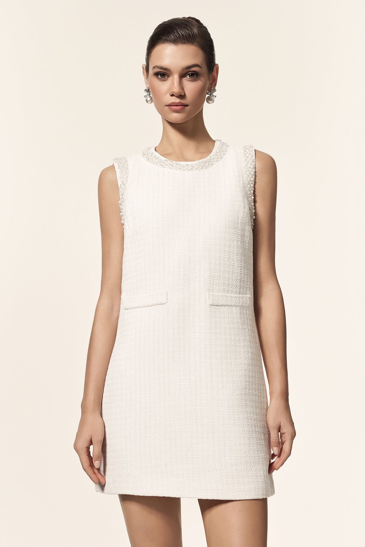Lucrezia White Textured Mini Dress with Elegant Detailing
