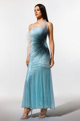 Lucy Blue Sleeveless Maxi Dress with Fish Tail Silhouette Sequin Detailing Fit Feel and Unique Neckline Design for Formal Occasions