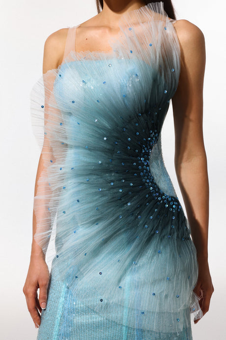 Lucy Blue Sleeveless Maxi Dress with Fish Tail Silhouette and Sequin Detailing
