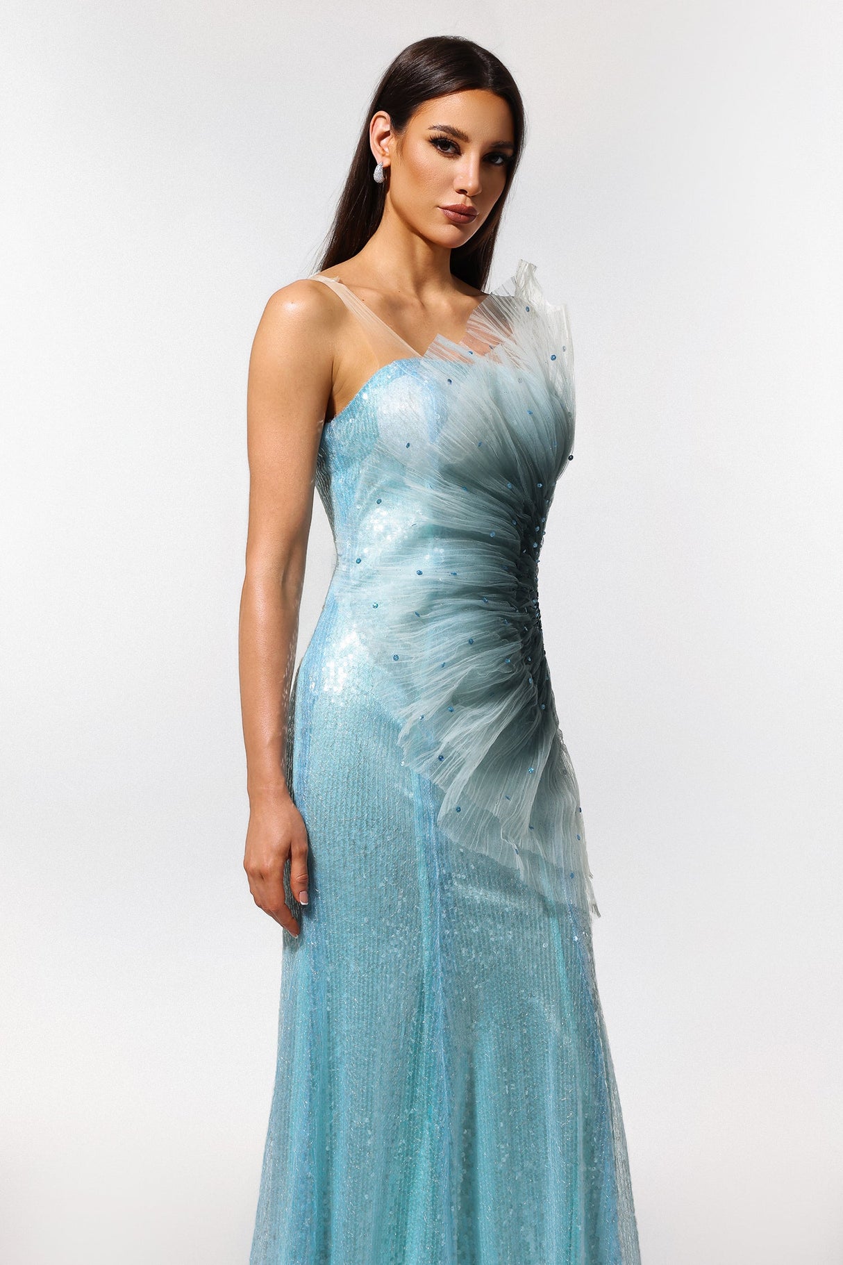 Lucy Blue Sleeveless Maxi Dress with Fish Tail Silhouette Sequin Detailing Fit Feel and Unique Neckline Design for Formal Occasions Wedding or Gala