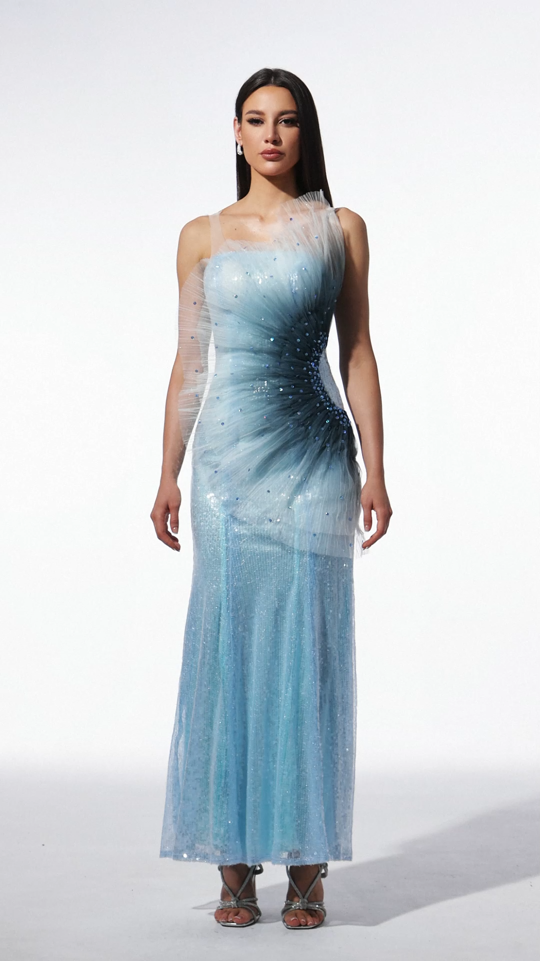 Lucy Blue Sleeveless Maxi Fish Tail Silhouette Sequin Detailing Fit Feel Neckline Design Dress
