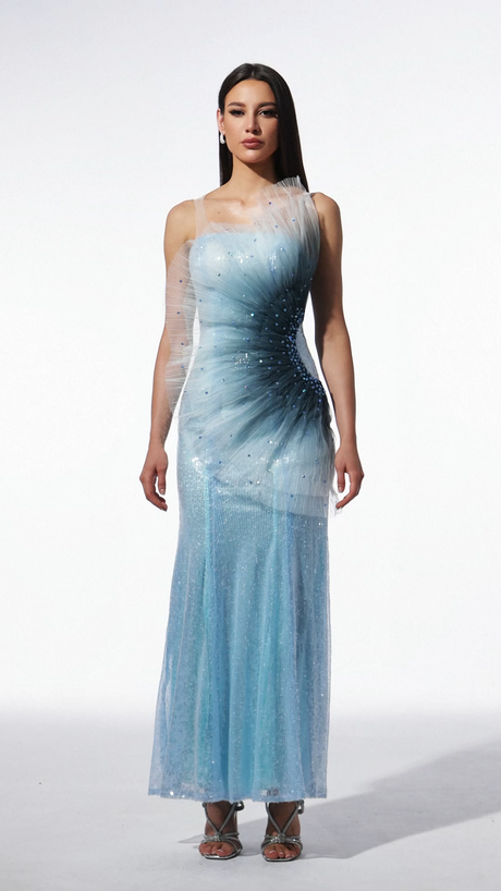 Lucy Blue Sleeveless Maxi Fish Tail Silhouette Sequin Detailing Fit Feel Neckline Design Dress