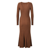 Lucy Dress - Long Fitted Silhouette - Button - Down Front - Ribbed Texture - Form - Fitting Accentuation