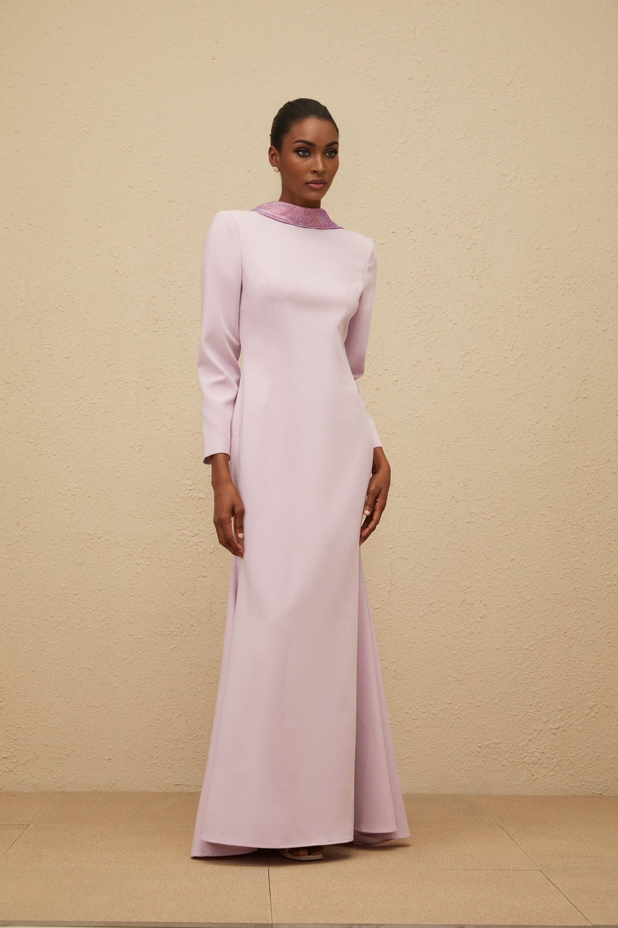 Lucy Evening Gown - Mock Neck - Open Back - Faux - Flower Detailing - Rhinestone Embellishment - Flared Hem