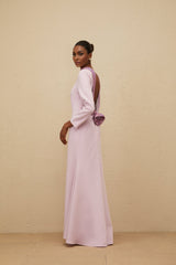 Lucy Evening Gown - Mock Neck - Open Back - Faux - Flower Detailing - Rhinestone Embellishment - Flared Hem