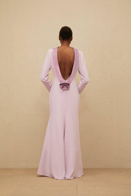 Lucy Evening Gown - Mock Neck - Open Back - Faux - Flower Detailing - Rhinestone Embellishment - Flared Hem
