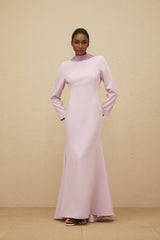 Lucy Evening Gown - Mock Neck - Open Back - Faux - Flower Detailing - Rhinestone Embellishment - Flared Hem