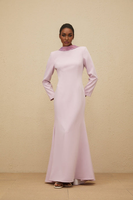 Lucy Evening Gown - Mock Neck - Open Back - Faux - Flower Detailing - Rhinestone Embellishment - Flared Hem