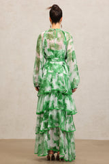 Lucy Green Floral Maxi Dress with Tiered Ruffles and Waist Tie