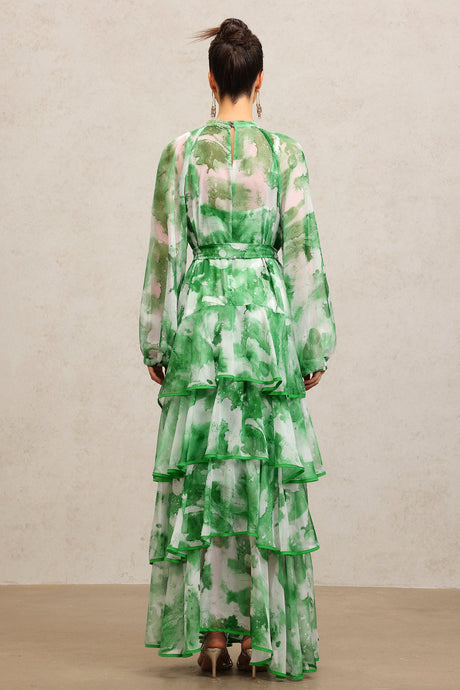 Lucy Green Floral Maxi Dress with Tiered Ruffles and Waist Tie