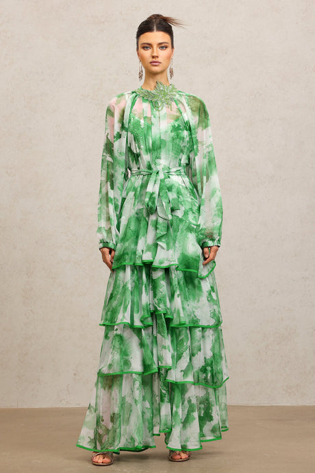 Lucy Green Floral Print Maxi Dress with Ruffles and Waist Tie