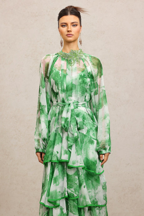 Lucy Green Floral Print Maxi Dress with Tiered Ruffles and Waist Tie