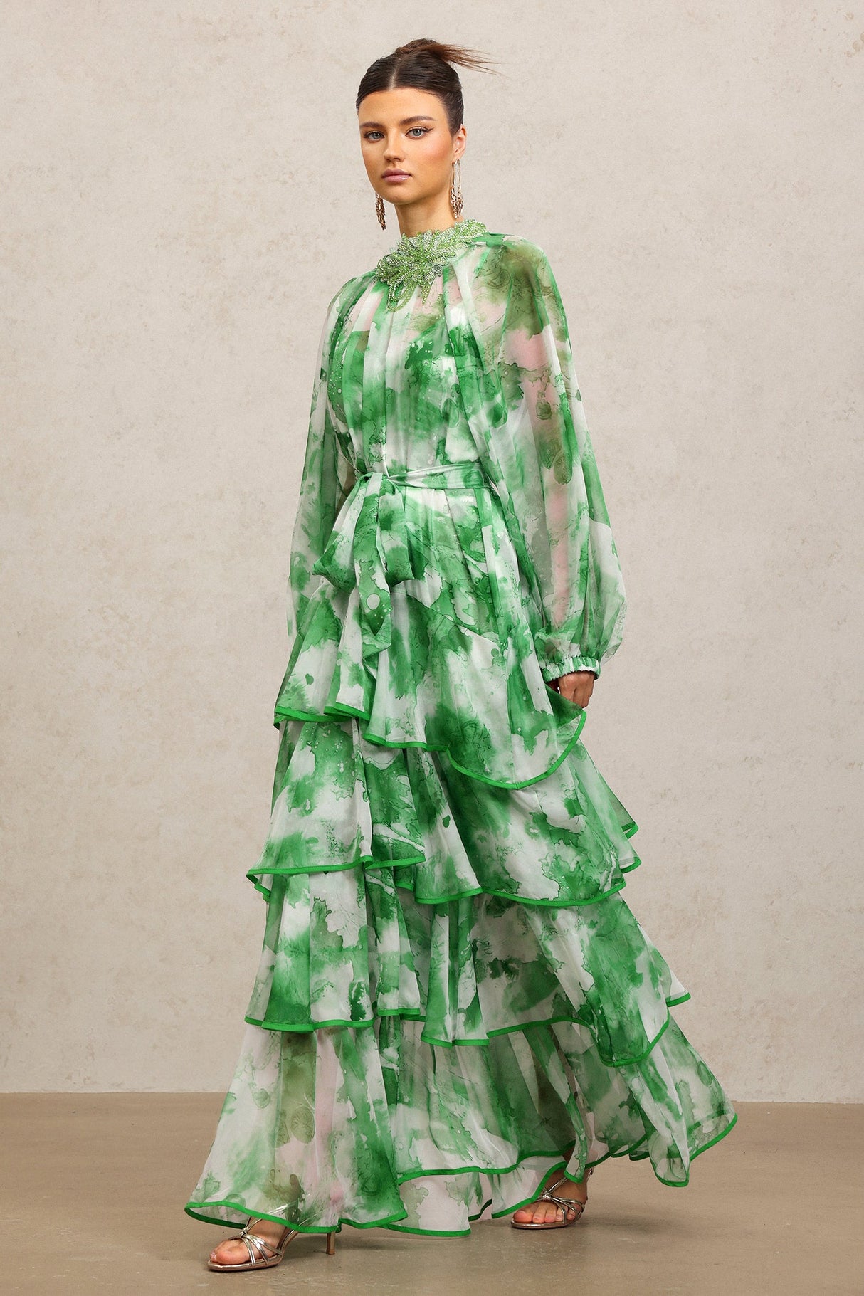 Lucy Green Floral Print Maxi Dress with Tiered Ruffles and Waist Tie