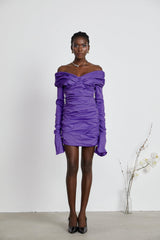 Lucy Mini Dress Ruched Off Shoulder Purple Chic Stretchy