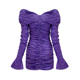 Lucy Mini Dress Ruched Off Shoulder Purple Chic Stretchy