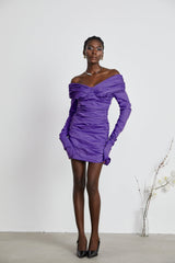 Lucy Mini Dress Ruched Off Shoulder Purple Chic Stretchy