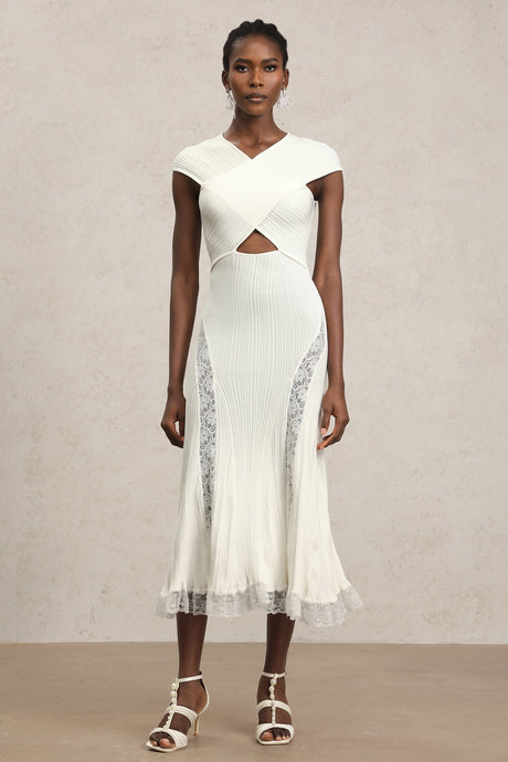 Lucy White Lace Detail Dress with Cut-Out Waist and Crossed Neckline